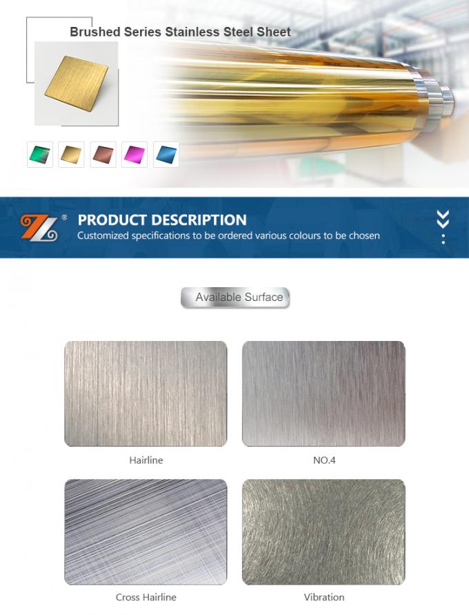Le métal grand PVD a coloré des solides solubles couvrent le film de PVC de la finition No.4 de la catégorie 304 de produit a enduit l'acier inoxydable